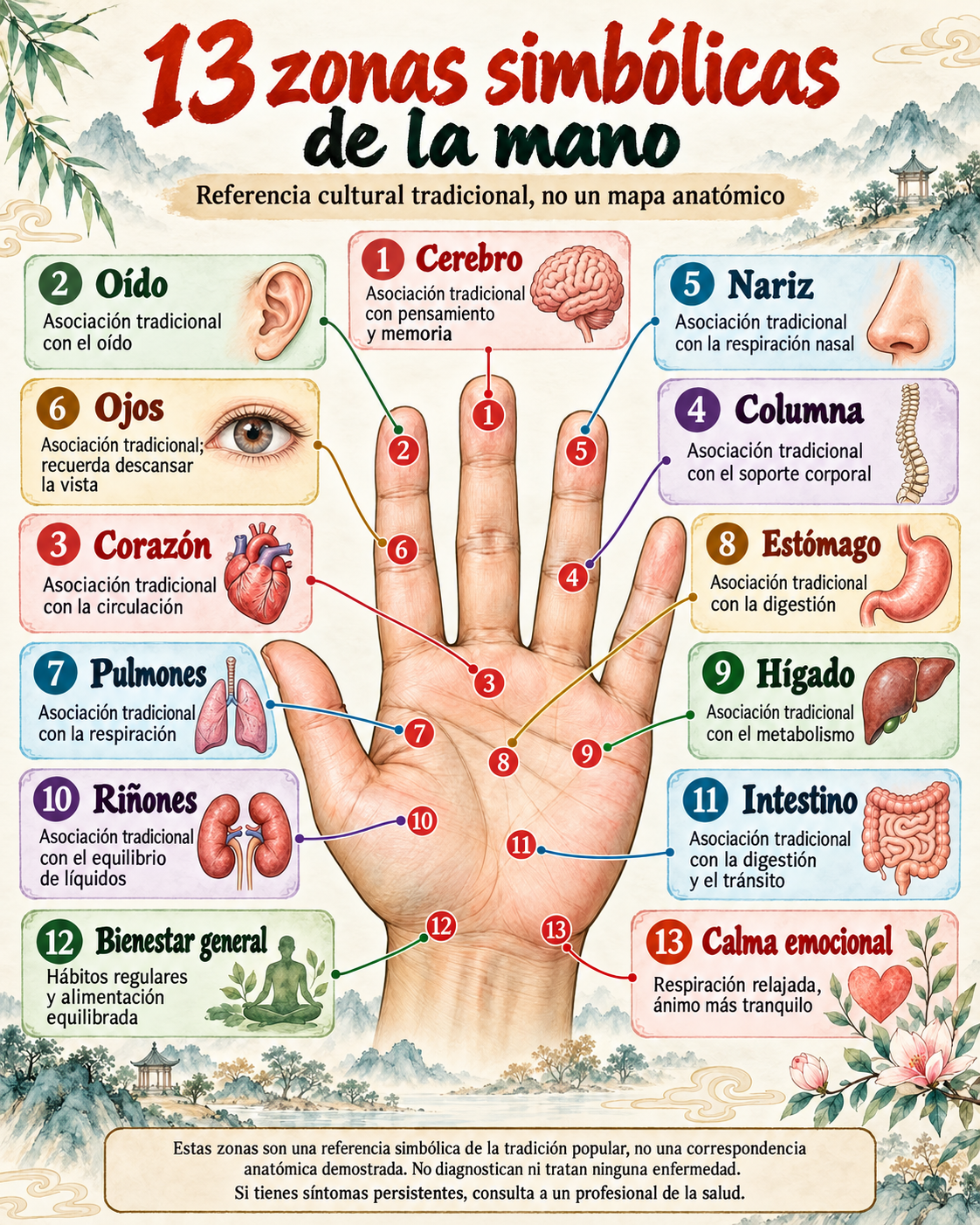 13 zonas simbólicas de la mano: referencia cultural, no un mapa anatómico